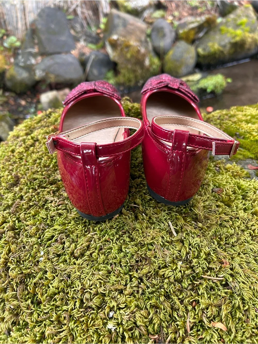 SUGAR - Girls Red Glitter Bow Ankle-Strap Flats